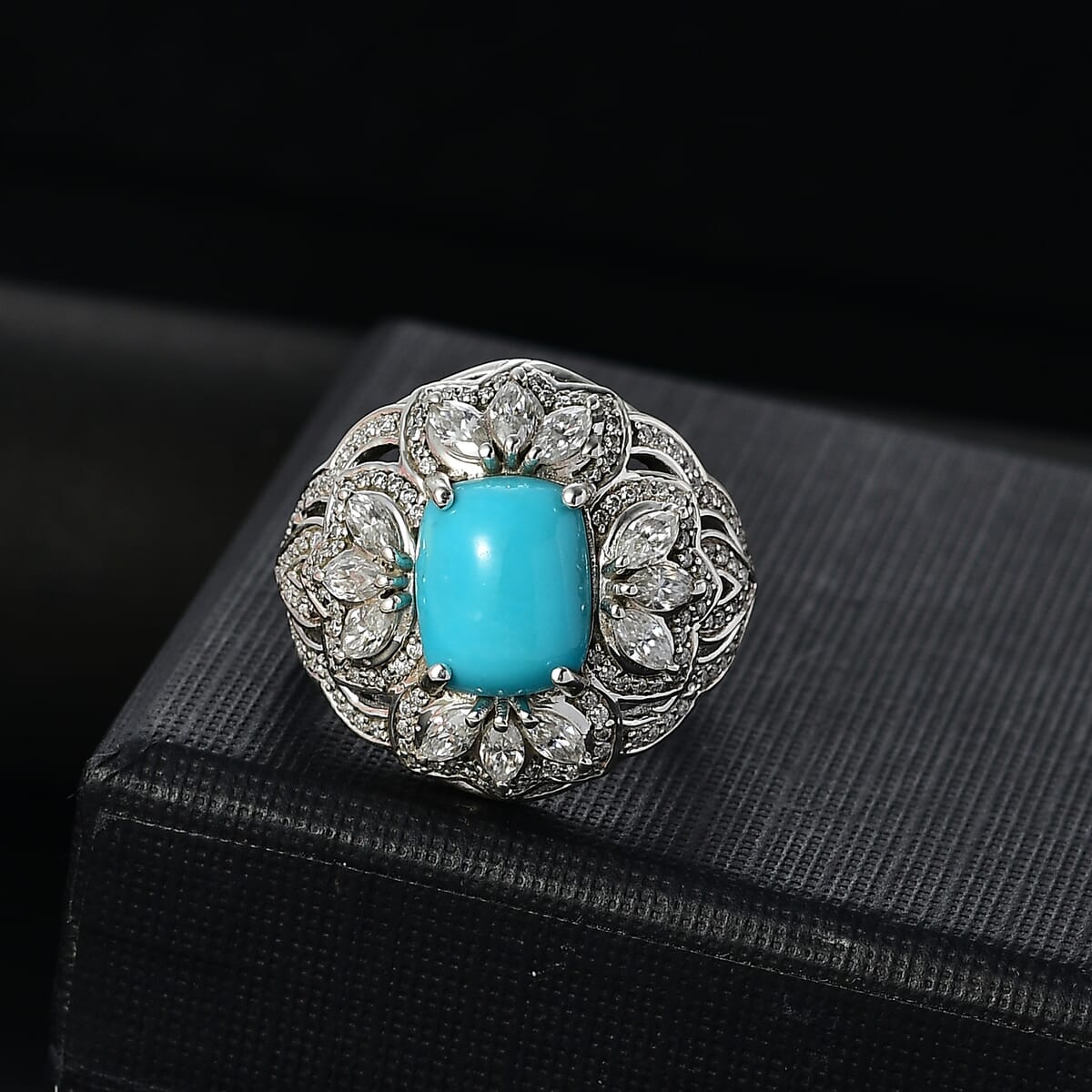 Sleeping Beauty Turquoise and Moissanite 4.30 ctw Ring in Rhodium Over Sterling Silver (Size 10.0) image number 1