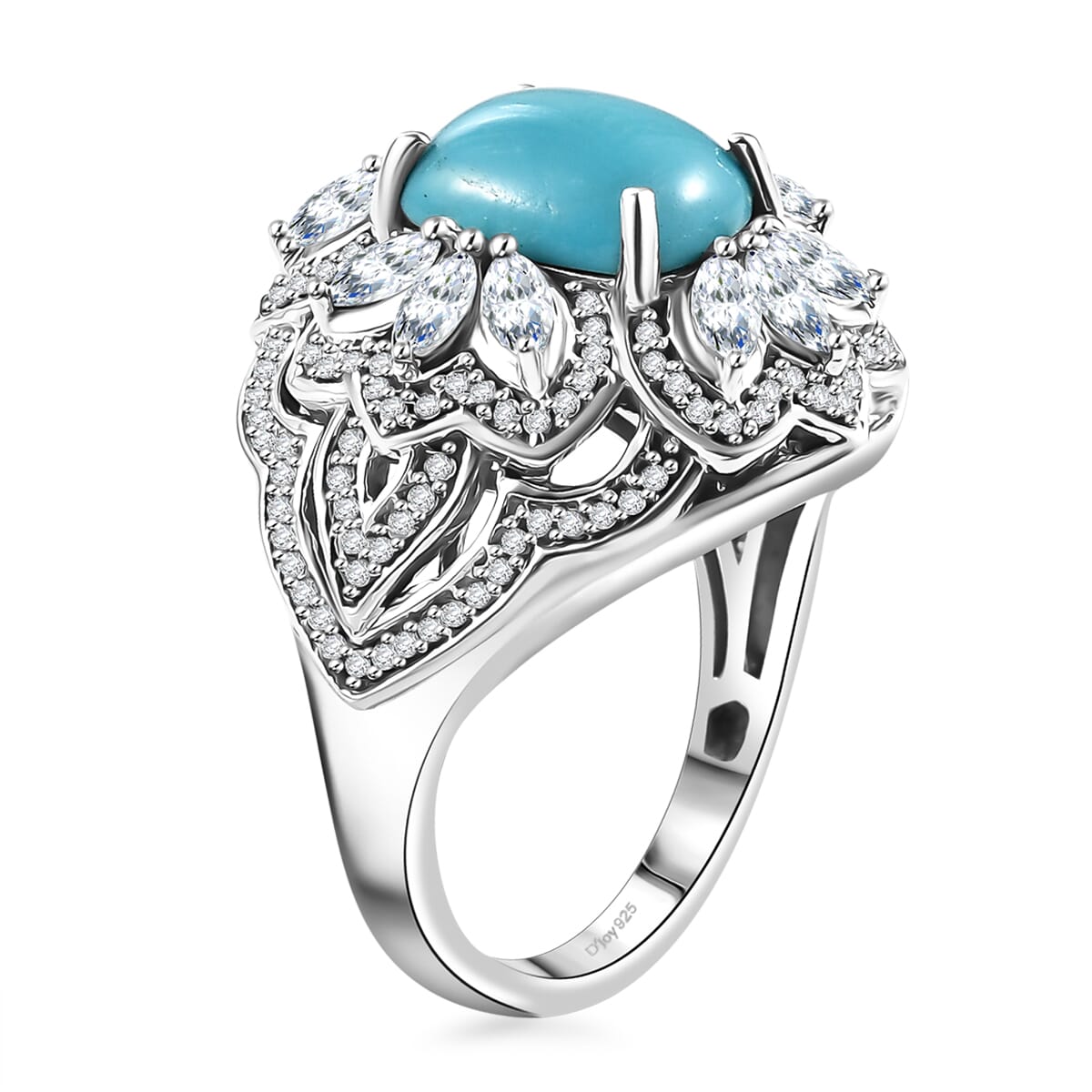Sleeping Beauty Turquoise and Moissanite 4.30 ctw Ring in Rhodium Over Sterling Silver (Size 10.0) image number 3