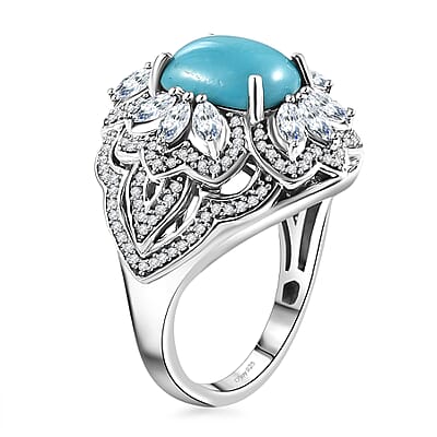 Sleeping Beauty Turquoise and Moissanite 4.30 ctw Ring in Rhodium Over Sterling Silver (Size 10.0)