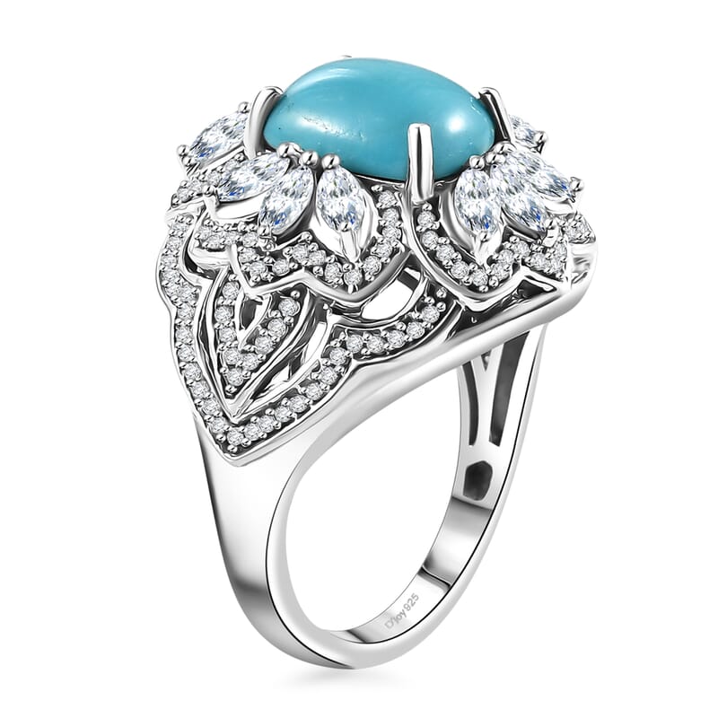 Sleeping Beauty Turquoise and Moissanite 4.30 ctw Ring in Rhodium Over Sterling Silver (Size 10.0)