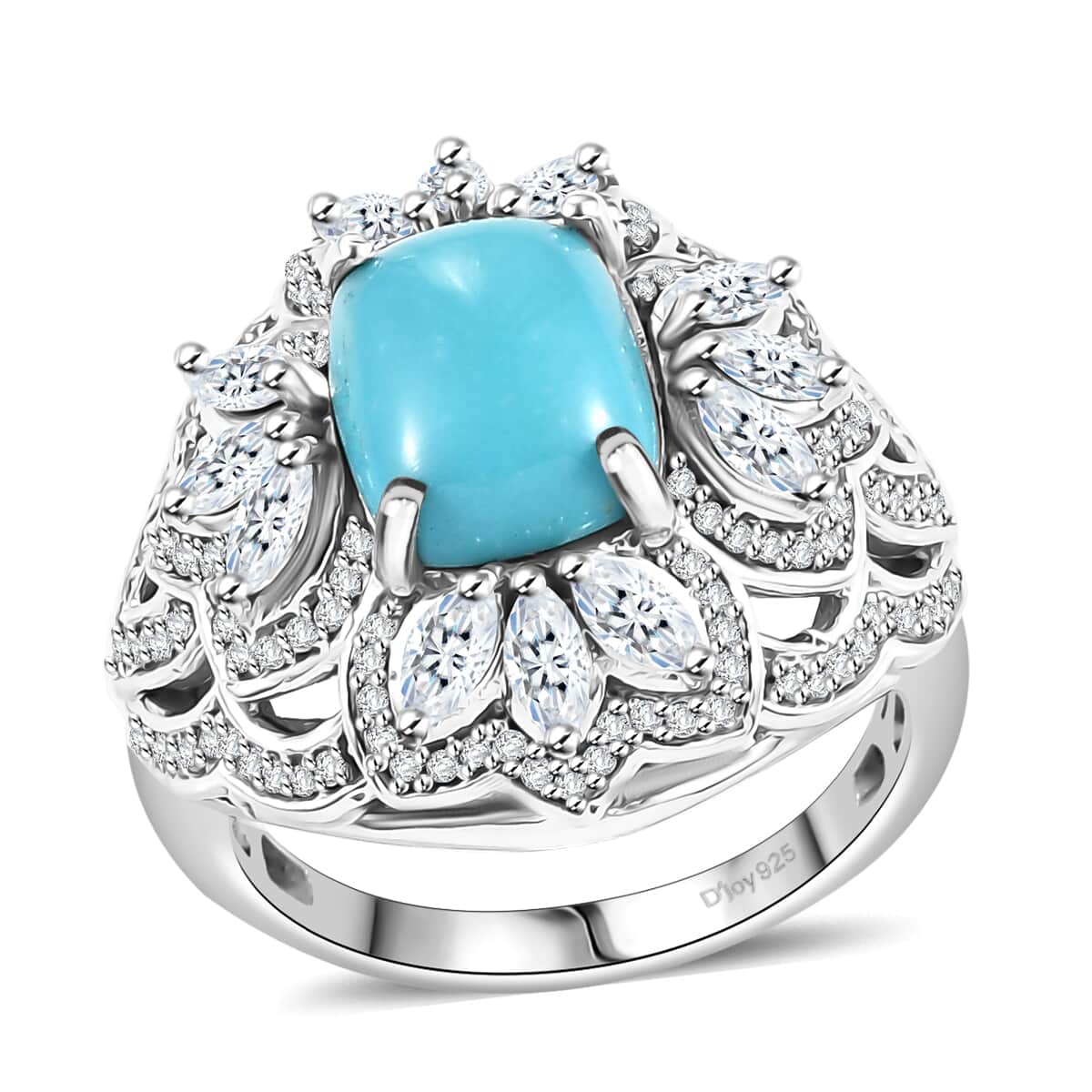 Sleeping Beauty Turquoise and Moissanite 4.30 ctw Ring in Rhodium Over Sterling Silver (Size 7.0) image number 0