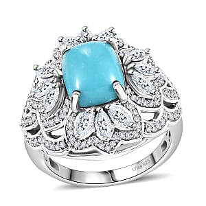 D'Joy Sleeping Beauty Turquoise and Moissanite 4.30 ctw Ring in Rhodium Over Sterling Silver (Size 8.0) (Del. in 8-10 Days)