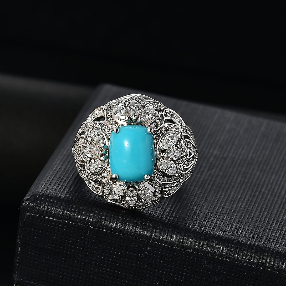 D'Joy Sleeping Beauty Turquoise and Moissanite 4.30 ctw Ring in Rhodium Over Sterling Silver (Size 8.0) (Del. in 8-10 Days) image number 1