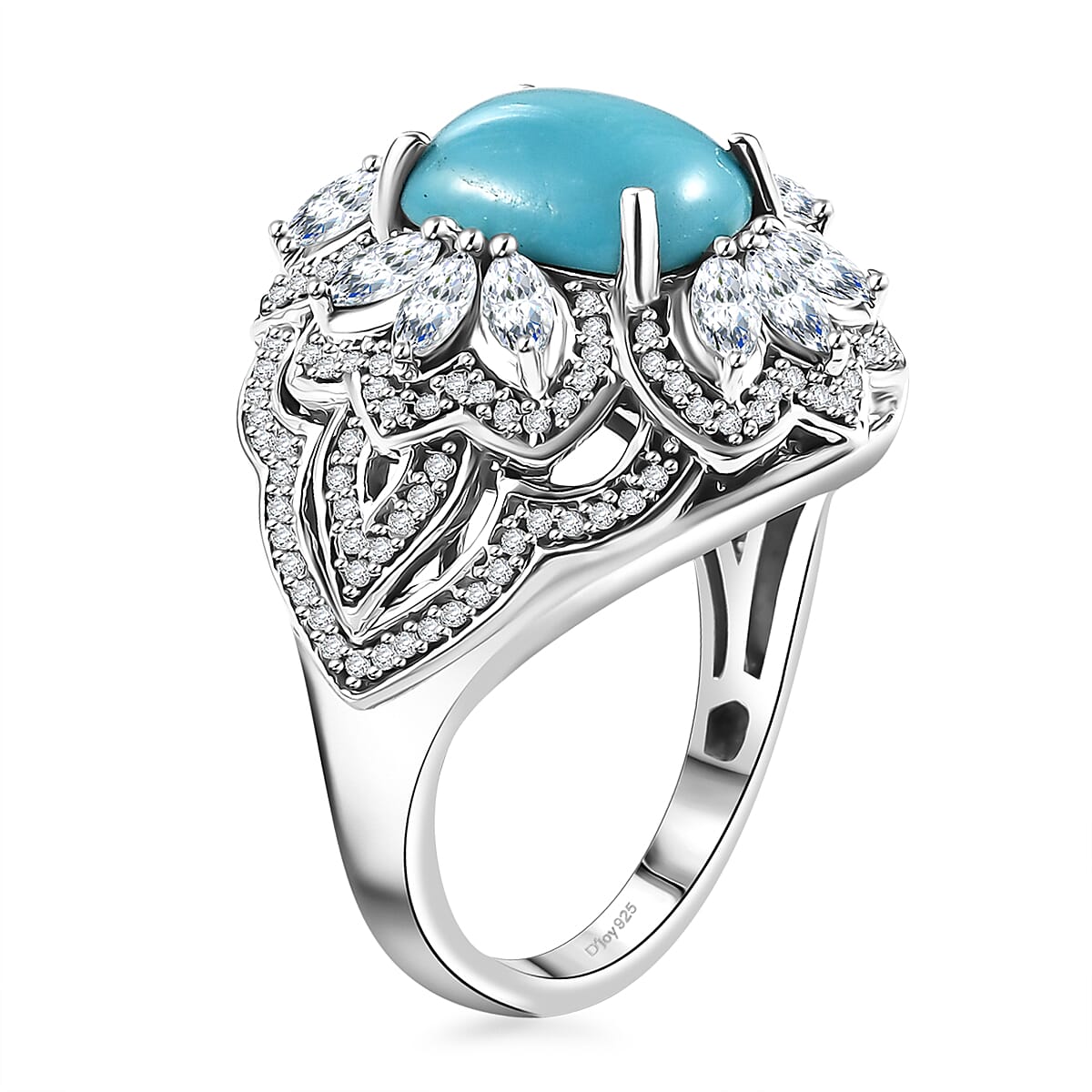 D'Joy Sleeping Beauty Turquoise and Moissanite 4.30 ctw Ring in Rhodium Over Sterling Silver (Size 8.0) (Del. in 8-10 Days) image number 3