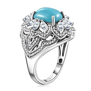 D'Joy Sleeping Beauty Turquoise and Moissanite 4.30 ctw Ring in Rhodium Over Sterling Silver (Size 8.0) (Del. in 8-10 Days)