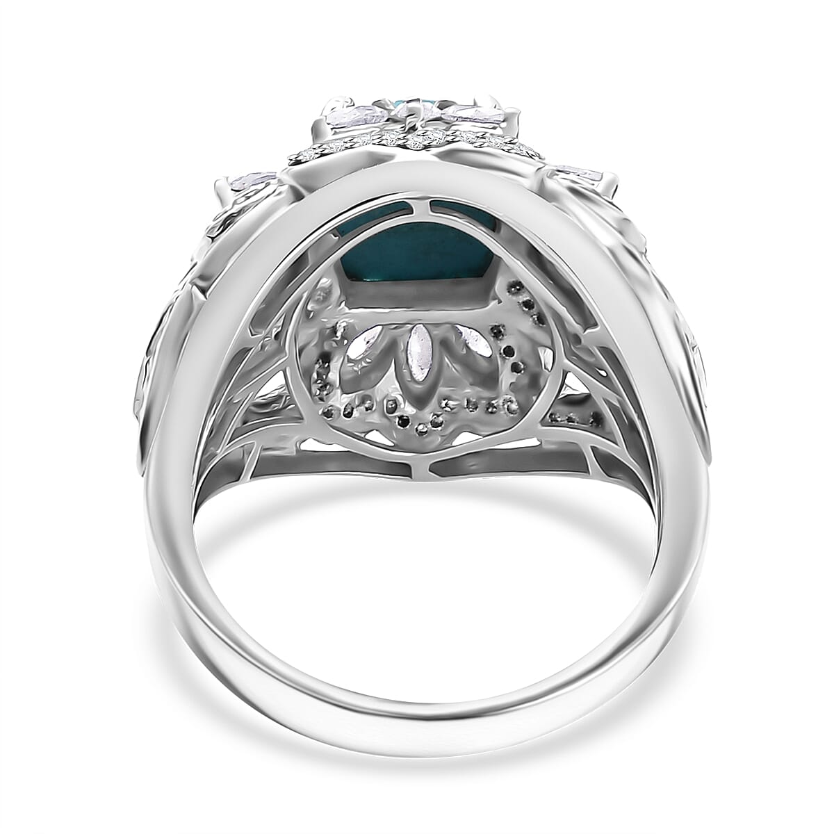 D'Joy Sleeping Beauty Turquoise and Moissanite 4.30 ctw Ring in Rhodium Over Sterling Silver (Size 8.0) (Del. in 8-10 Days) image number 4
