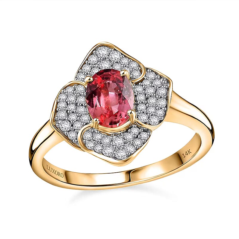 Certified & Appraised Luxoro AAA Padparadscha Sapphire (BT) 5.0) and I2 Diamond 1.30 ctw Ring in 14K Yellow Gold (Size 8.0)