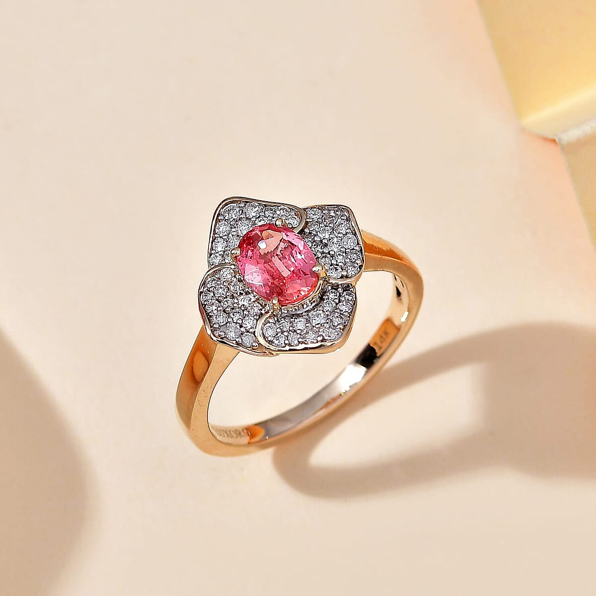 Certified & Appraised Luxoro AAA Padparadscha Sapphire (BT) 9.0) and I2 Diamond 1.30 ctw Ring in 14K Yellow Gold (Size 8.0) image number 1