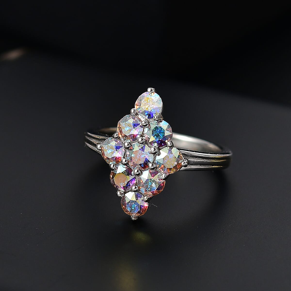 J Francis Embellished with Aurora Borealis Crystal by Swarovski Gem Garden Nonet Ring in Platinum Bond (Size 5.0) image number 1