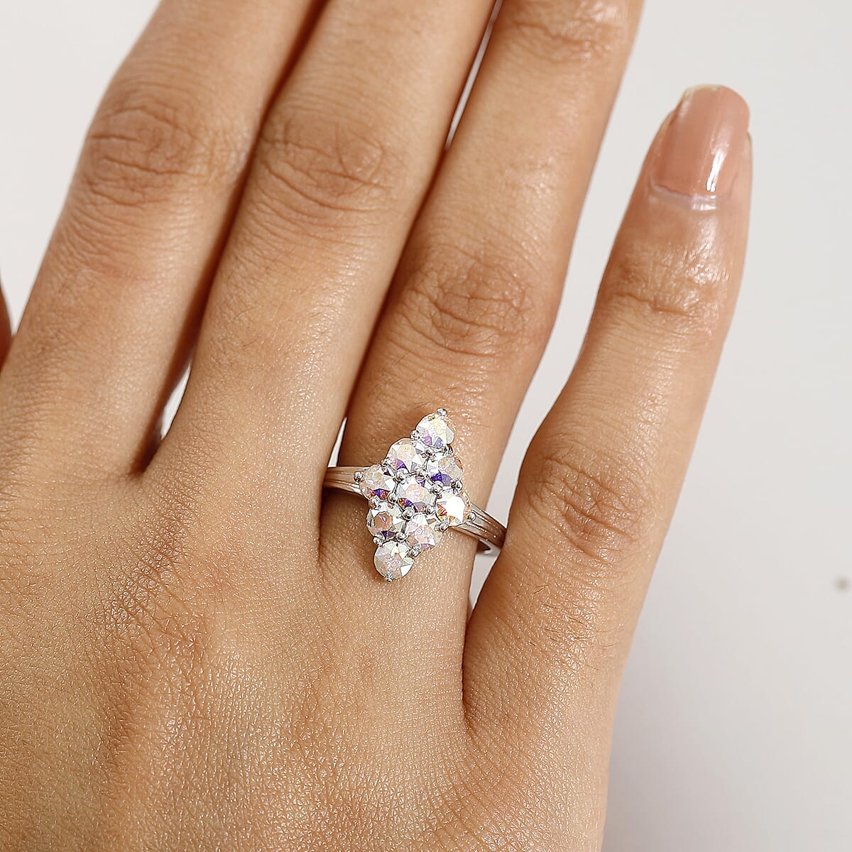 J Francis Embellished with Aurora Borealis Crystal by Swarovski Gem Garden Nonet Ring in Platinum Bond (Size 5.0) image number 2