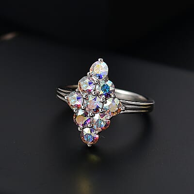 J Francis Embellished with Aurora Borealis Crystal by Swarovski Gem Garden Nonet Ring in Platinum Bond (Size 7.0)