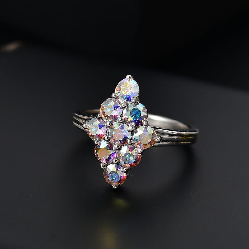 J Francis Embellished with Aurora Borealis Crystal by Swarovski Gem Garden Nonet Ring in Platinum Bond (Size 7.0)