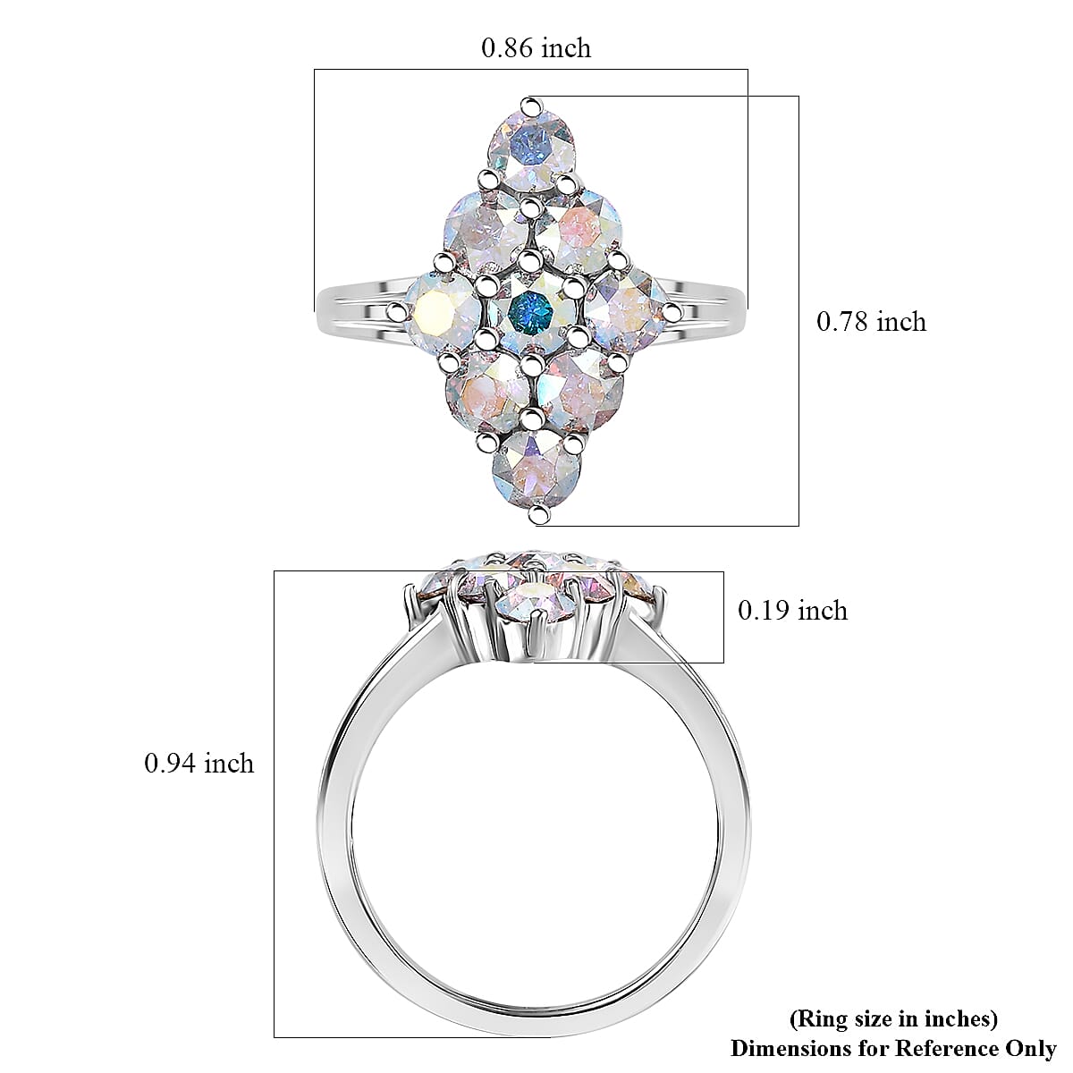 J Francis Embellished with Aurora Borealis Crystal by Swarovski Gem Garden Nonet Ring in Platinum Bond (Size 8.0)