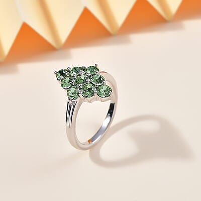 J Francis Embellished with Peridot Color Crystal by Swarovski Gem Garden Nonet Ring in Platinum Bond (Size 10.0)