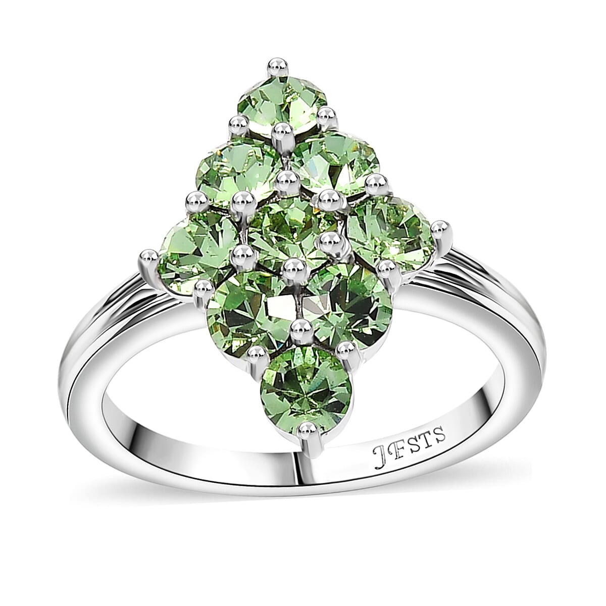 J Francis Embellished with Peridot Color Crystal by Swarovski Gem Garden Nonet Ring in Platinum Bond (Size 6.0) image number 0