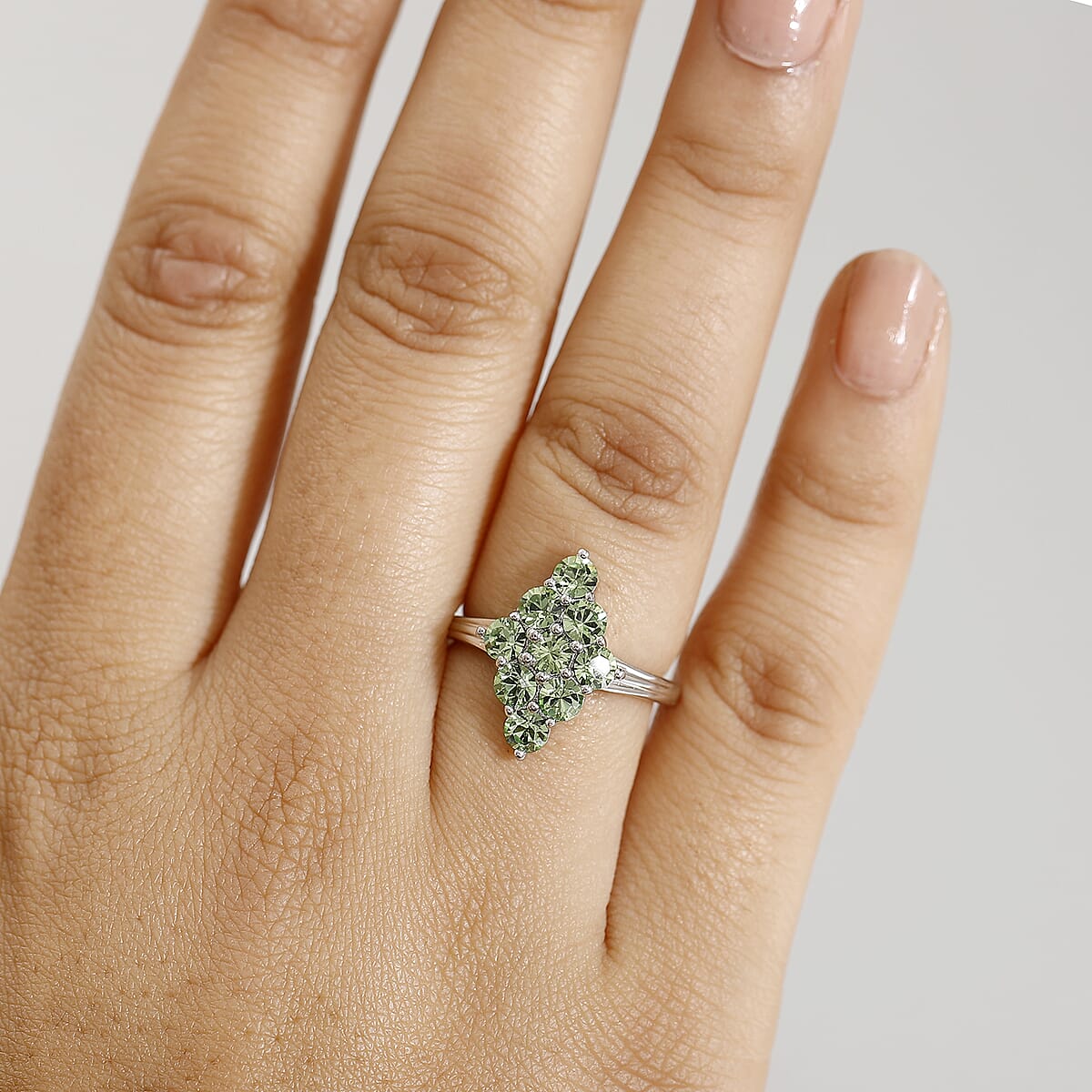 J Francis Embellished with Peridot Color Crystal by Swarovski Gem Garden Nonet Ring in Platinum Bond (Size 6.0) image number 2