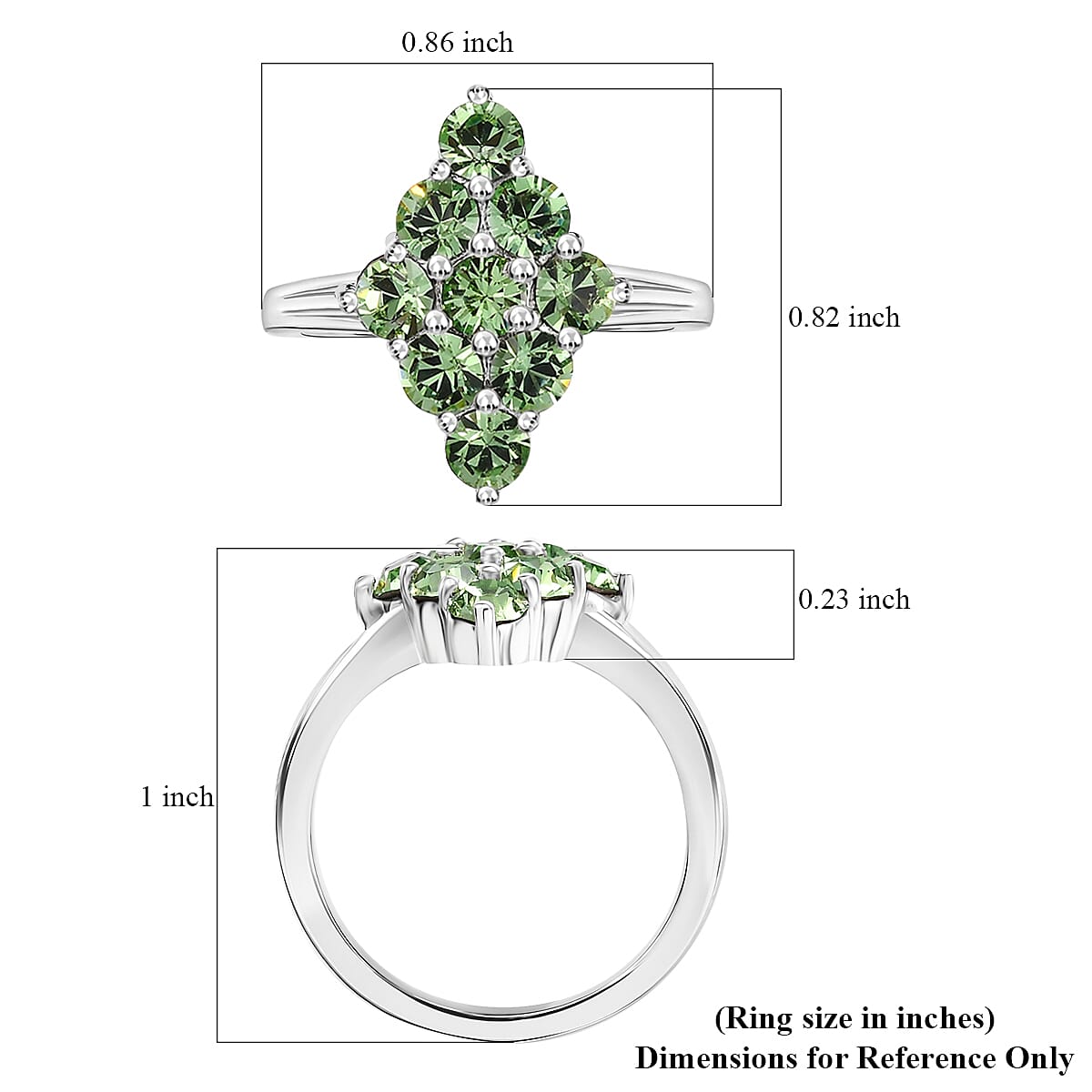 J Francis Embellished with Peridot Color Crystal by Swarovski Gem Garden Nonet Ring in Platinum Bond (Size 6.0) image number 5