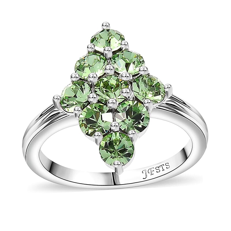 J Francis Embellished with Peridot Color Crystal by Swarovski Gem Garden Nonet Ring in Platinum Bond (Size 9.0)