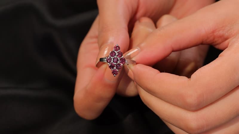 J Francis Embellished with Foilback Amethyst Crystal by Swarovski Gem Garden Nonet Ring in Platinum Bond (Size 10.0)