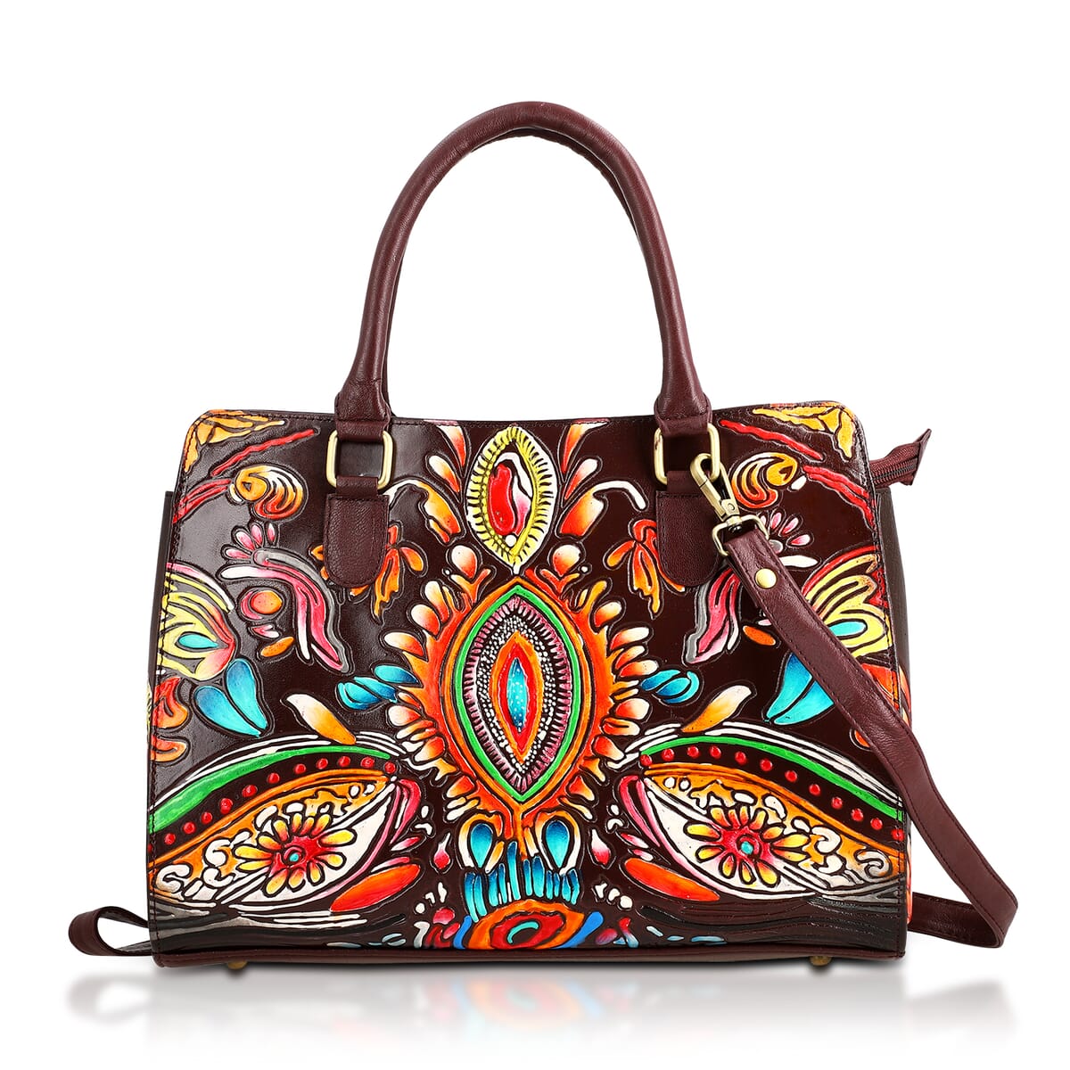 Sukriti Maroon Genuine Leather Hand Painted Tooled Satchel Bag (12.25"x4"x9.25") image number 0