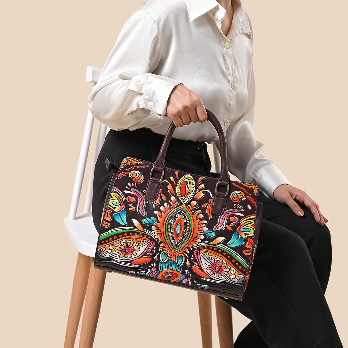 Sukriti Maroon Genuine Leather Hand Painted Tooled Satchel Bag (12.25"x4"x9.25") image number 1