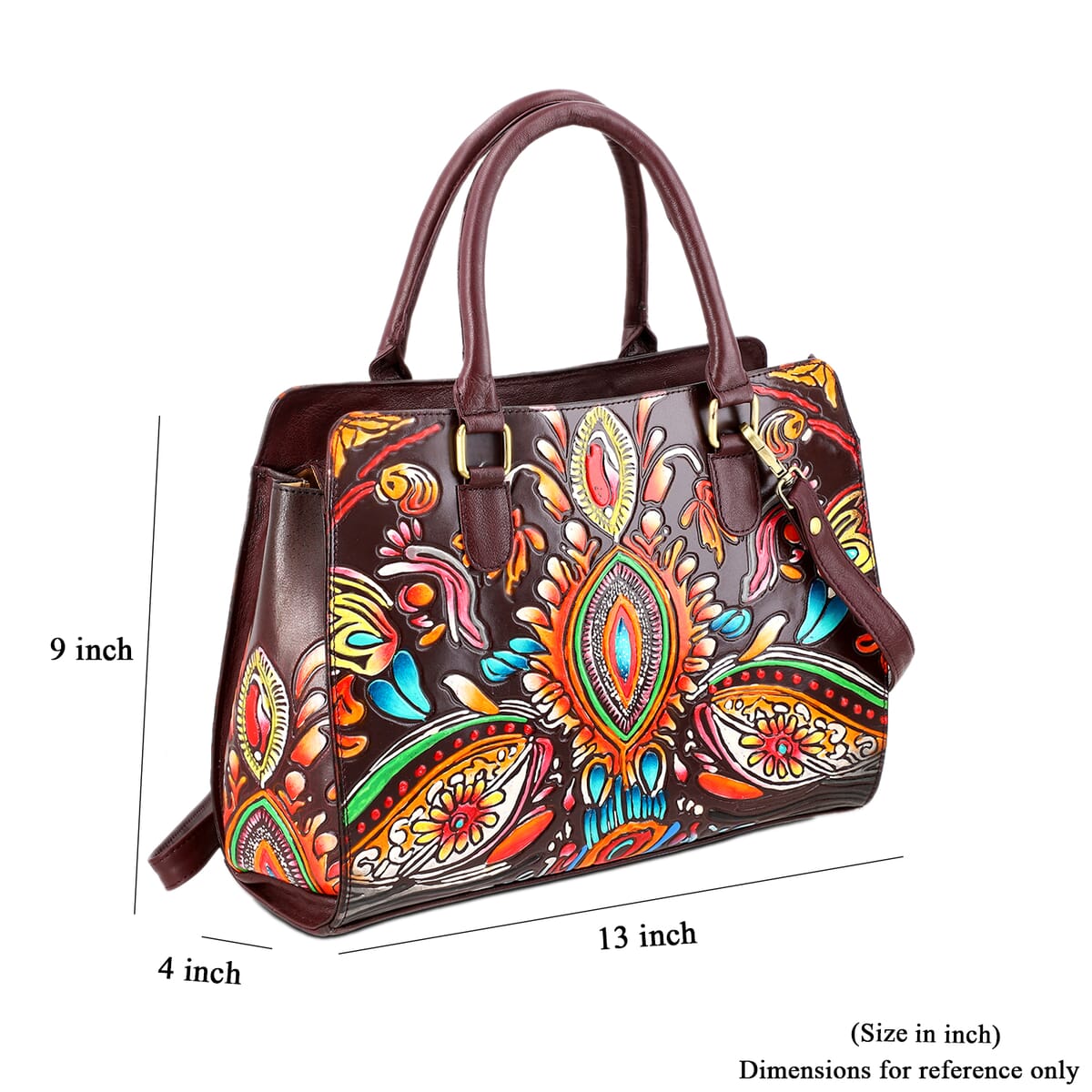 Sukriti Maroon Genuine Leather Hand Painted Tooled Satchel Bag (12.25"x4"x9.25") image number 2