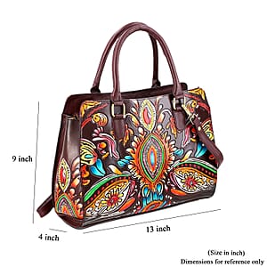 La Marey Maroon Genuine Leather Hand Painted Tooled Satchel Bag 