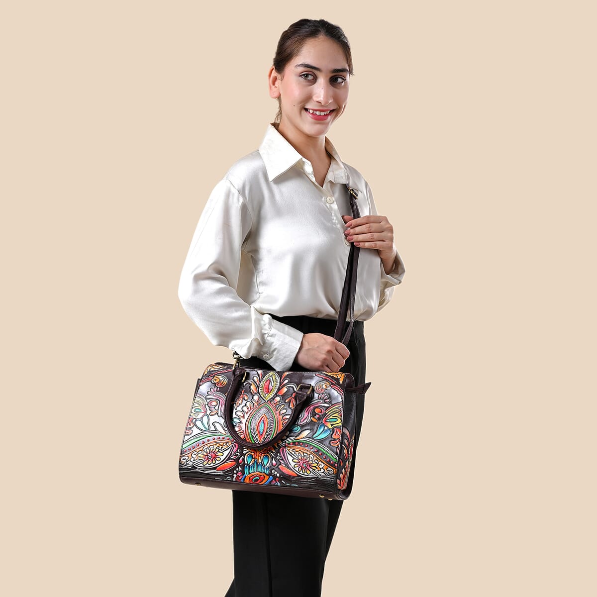 Sukriti Maroon Genuine Leather Hand Painted Tooled Satchel Bag (12.25"x4"x9.25") image number 3