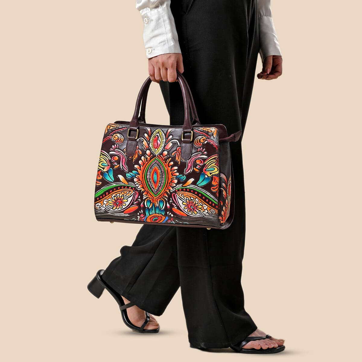 Sukriti Maroon Genuine Leather Hand Painted Tooled Satchel Bag (12.25"x4"x9.25") image number 4
