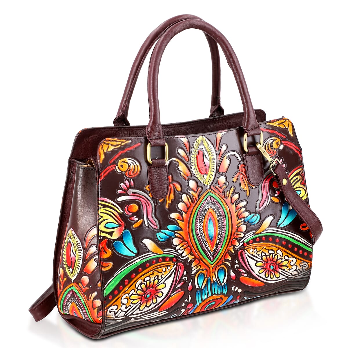 Sukriti Maroon Genuine Leather Hand Painted Tooled Satchel Bag (12.25"x4"x9.25") image number 5