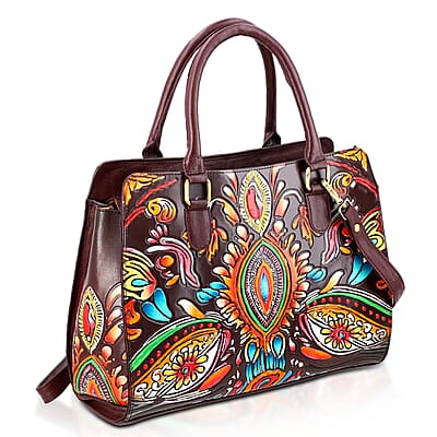 La Marey Maroon Genuine Leather Hand Painted Tooled Satchel Bag