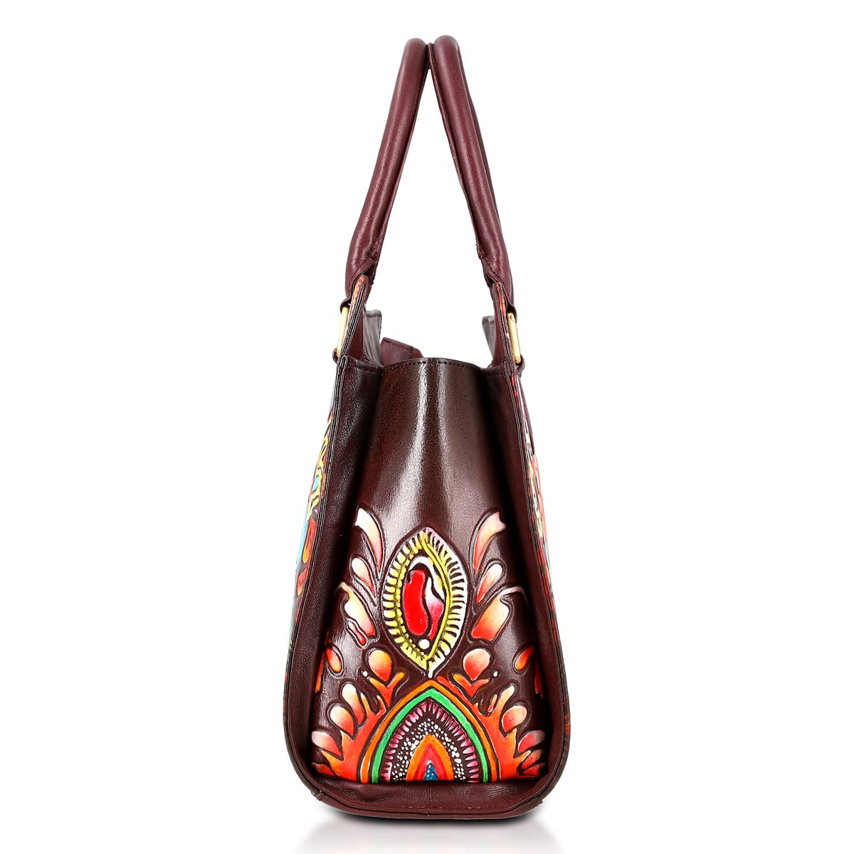 Sukriti Maroon Genuine Leather Hand Painted Tooled Satchel Bag (12.25"x4"x9.25") image number 6