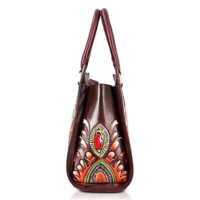 La Marey Maroon Genuine Leather Hand Painted Tooled Satchel Bag