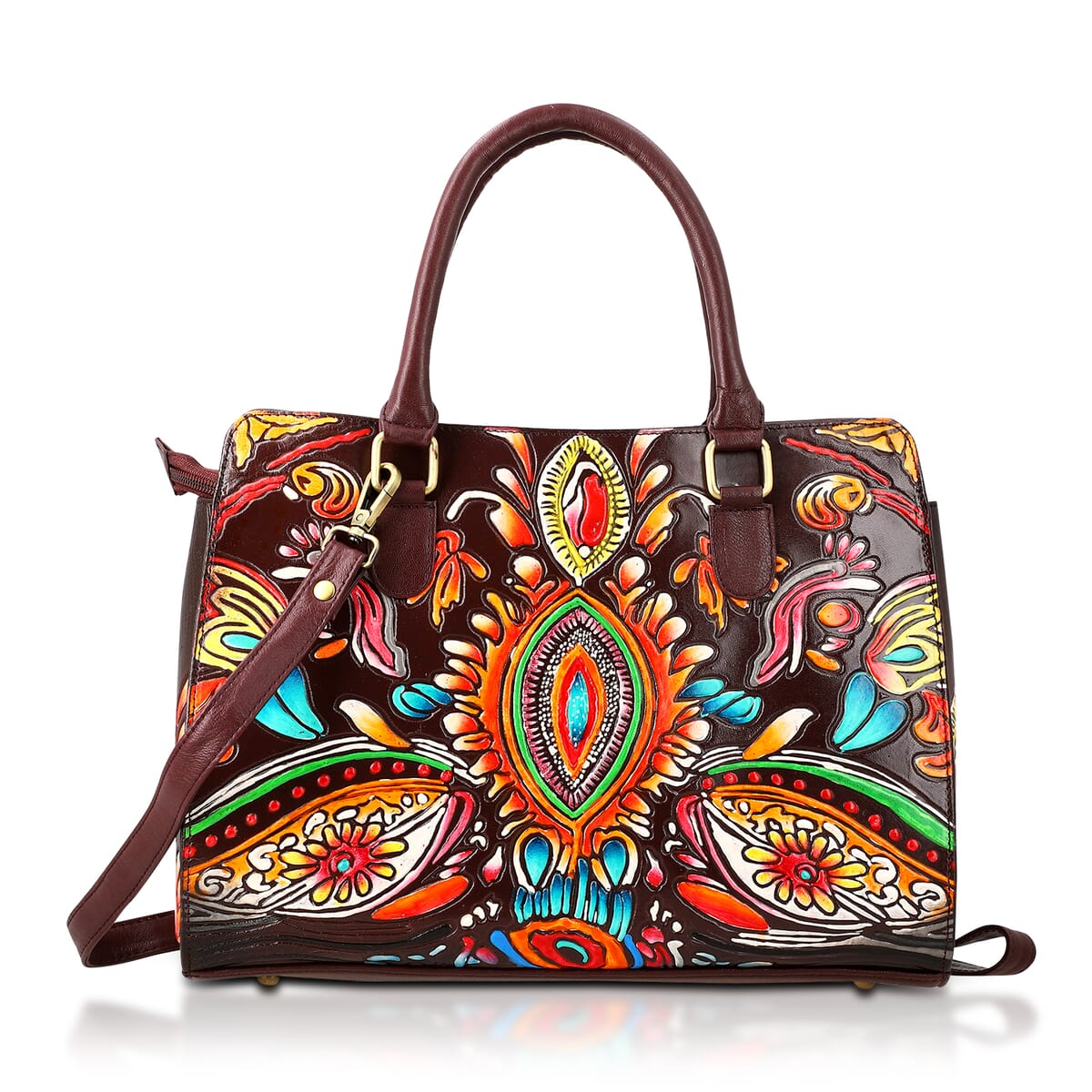 Sukriti Maroon Genuine Leather Hand Painted Tooled Satchel Bag (12.25"x4"x9.25") image number 7
