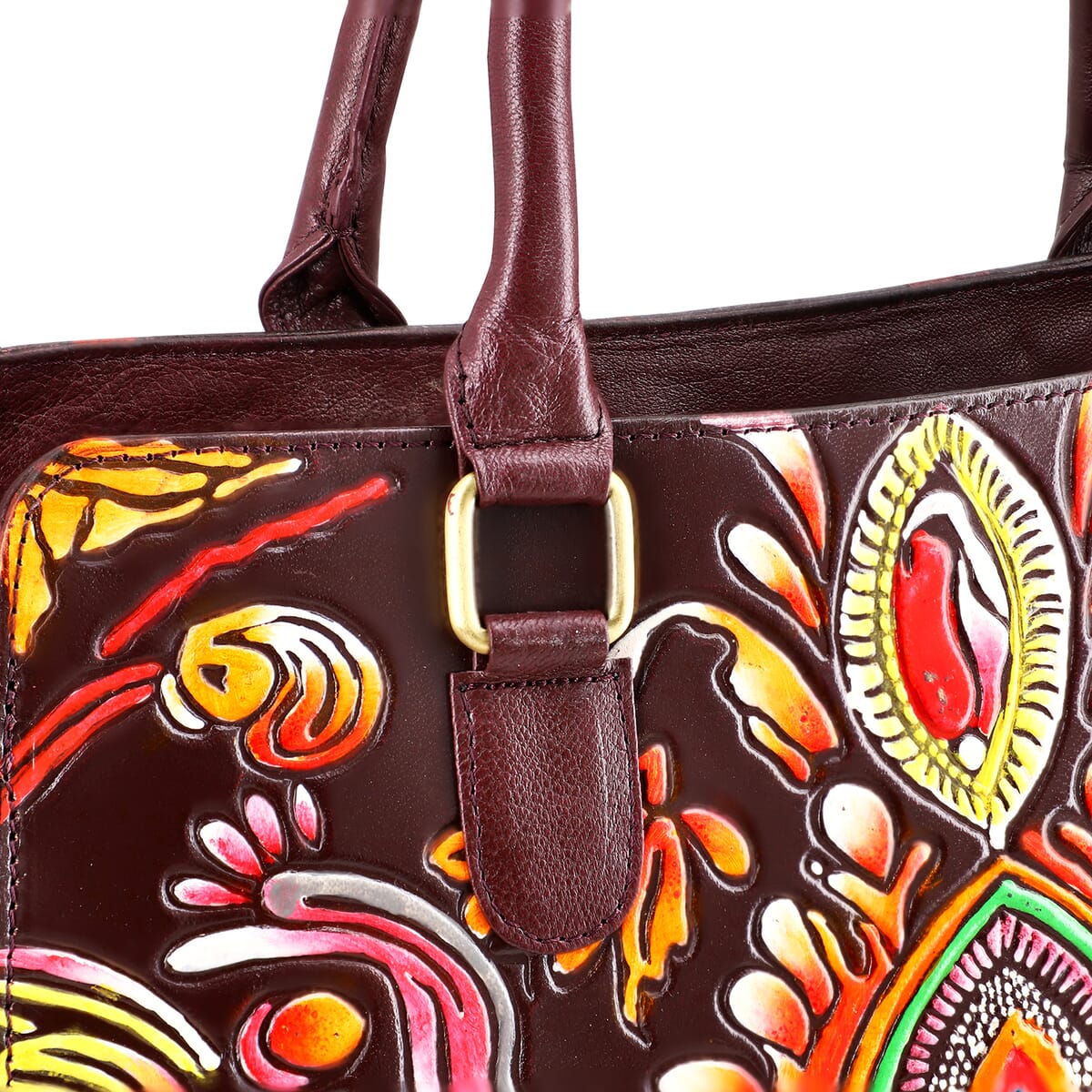 Sukriti Maroon Genuine Leather Hand Painted Tooled Satchel Bag (12.25"x4"x9.25") image number 9