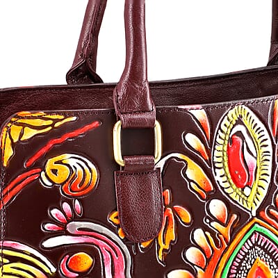 La Marey Maroon Genuine Leather Hand Painted Tooled Satchel Bag