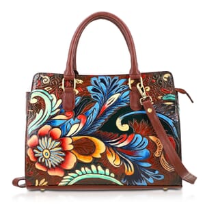 Sukriti Brown Genuine Leather Hand Painted Tooled Satchel Bag 