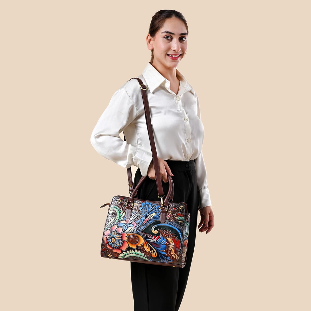 Sukriti Brown Genuine Leather Hand Painted Tooled Satchel Bag  image number 1
