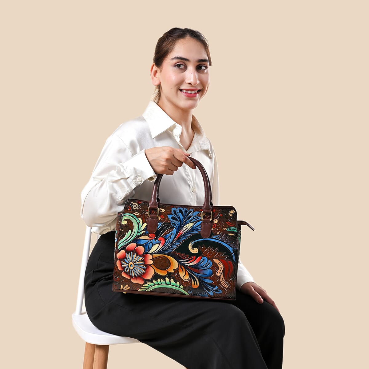 Sukriti Brown Genuine Leather Hand Painted Tooled Satchel Bag  image number 3