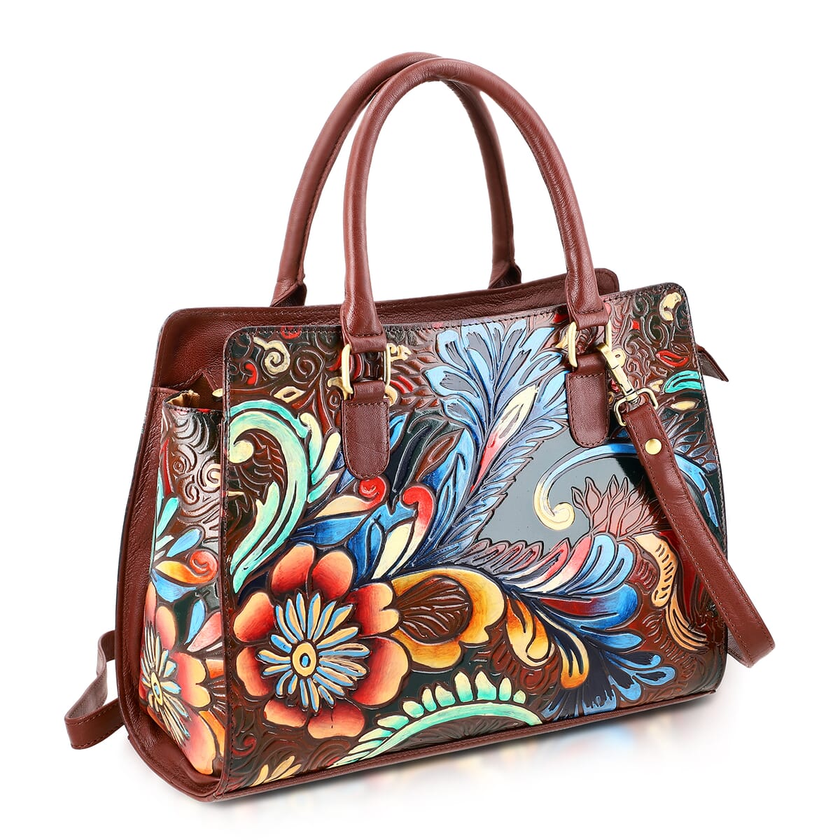 Sukriti Brown Genuine Leather Hand Painted Tooled Satchel Bag  image number 5