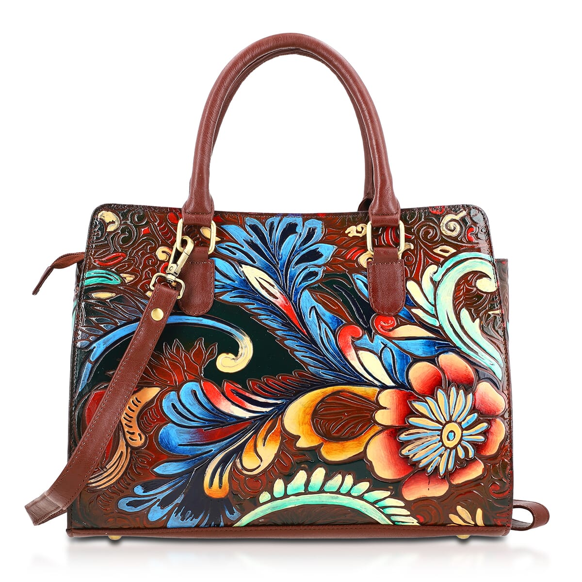 Sukriti Brown Genuine Leather Hand Painted Tooled Satchel Bag  image number 7