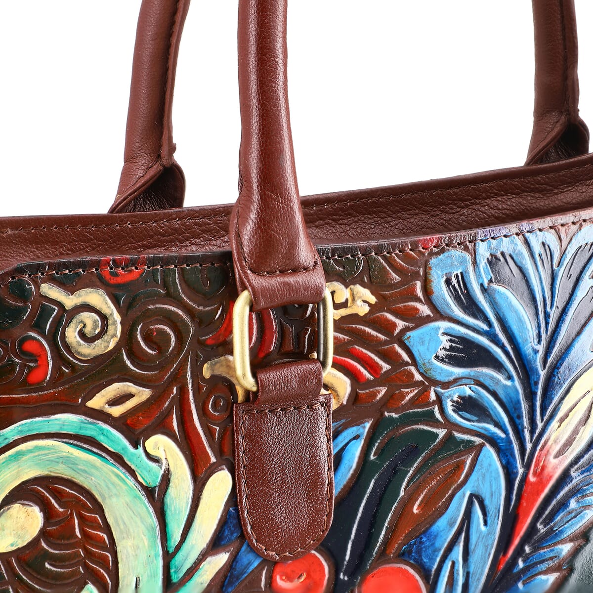 Sukriti Brown Genuine Leather Hand Painted Tooled Satchel Bag  image number 9