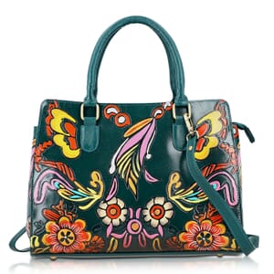 Sukriti Green Genuine Leather Hand Painted Tooled Satchel Bag 