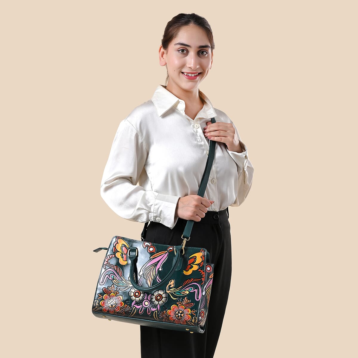 Sukriti Green Genuine Leather Hand Painted Tooled Satchel Bag  image number 1