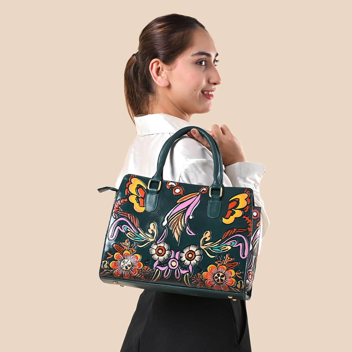 Sukriti Green Genuine Leather Hand Painted Tooled Satchel Bag  image number 3