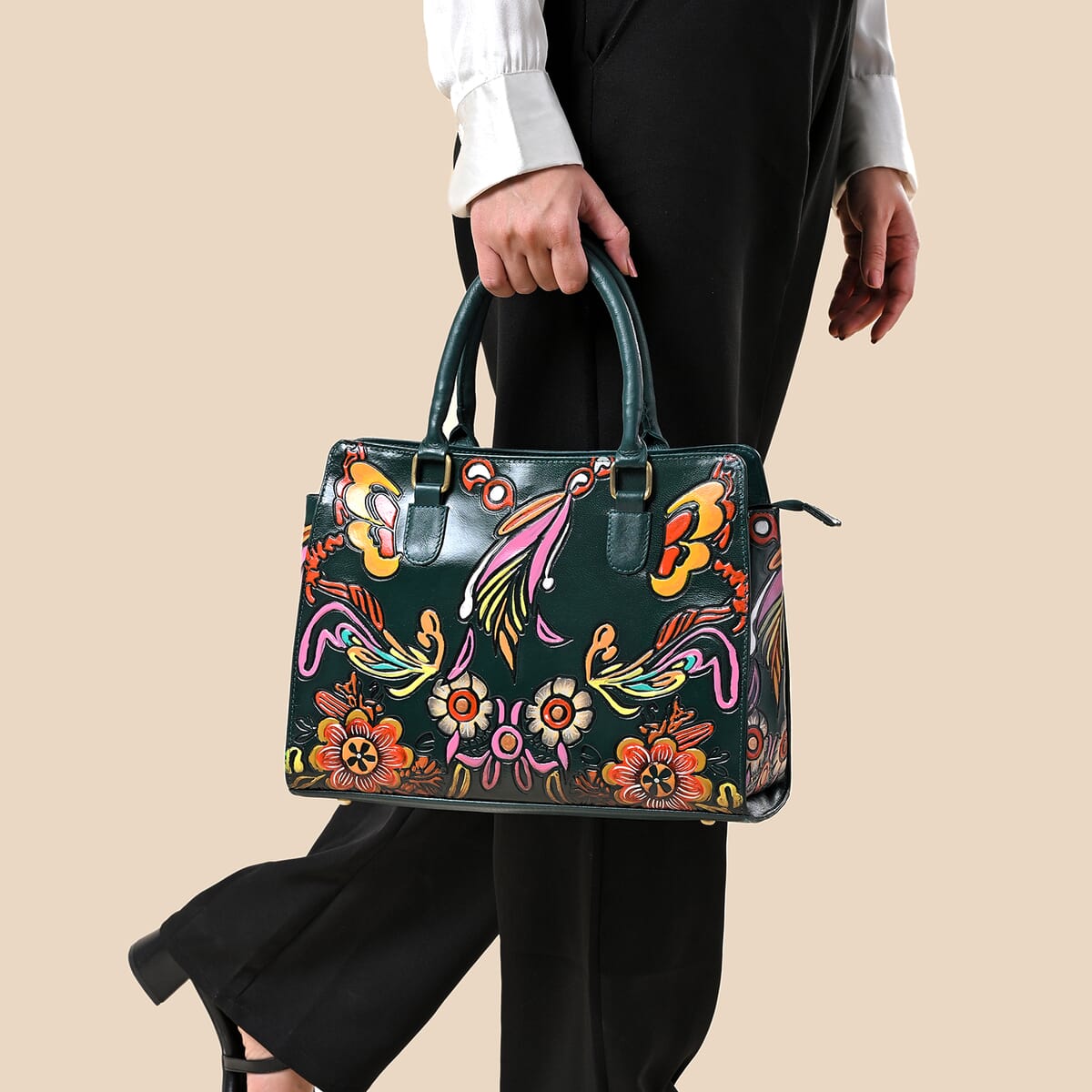 Sukriti Green Genuine Leather Hand Painted Tooled Satchel Bag  image number 4