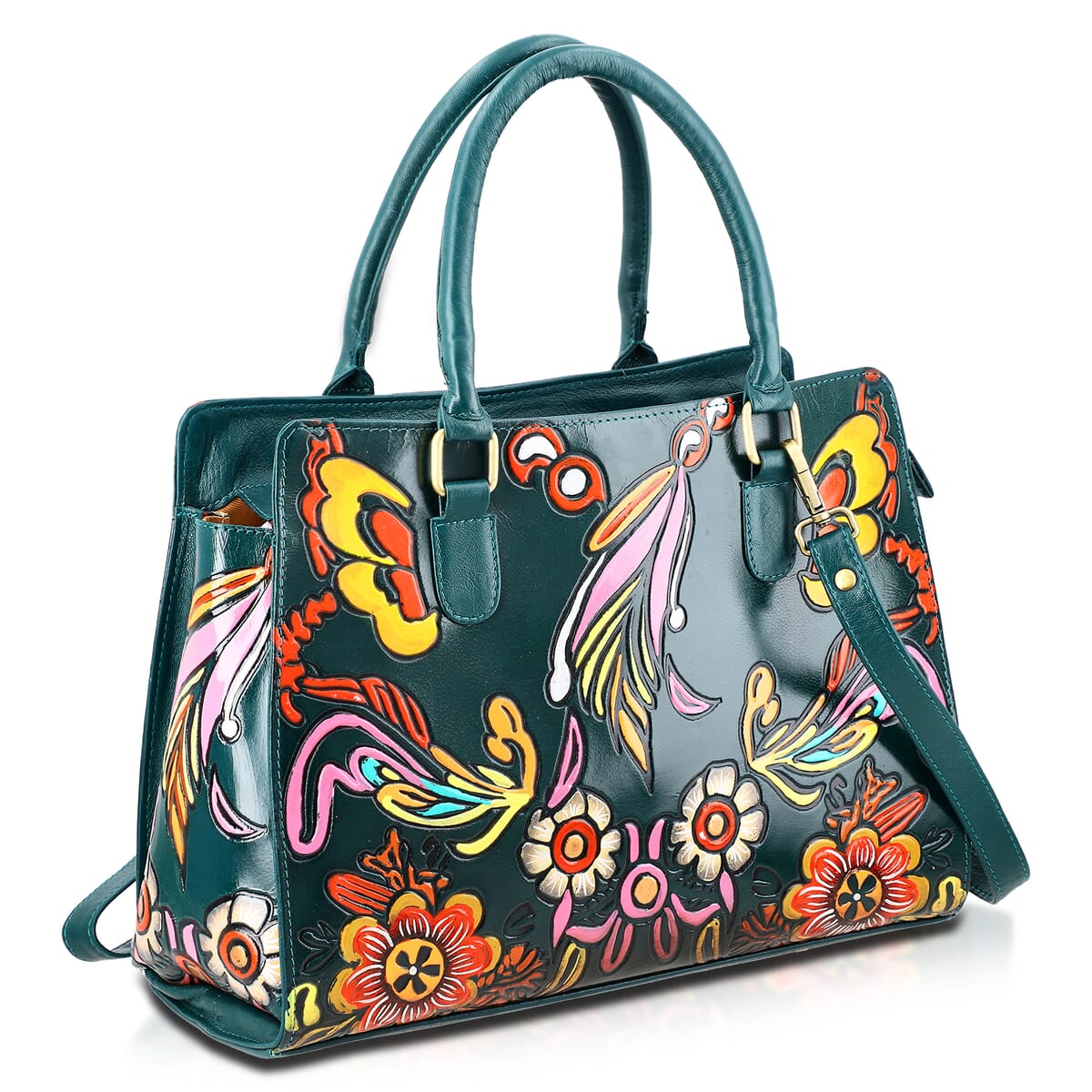Sukriti Green Genuine Leather Hand Painted Tooled Satchel Bag  image number 5