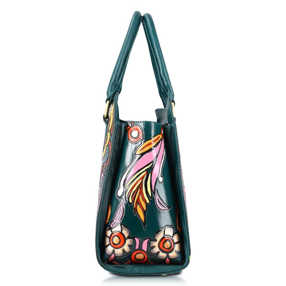 Sukriti Green Genuine Leather Hand Painted Tooled Satchel Bag  image number 6