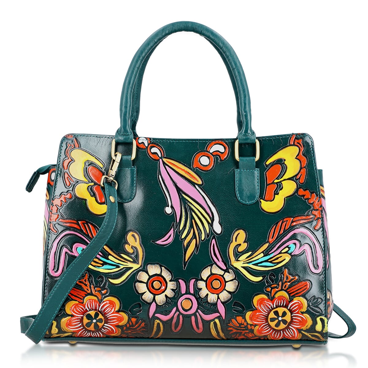 Sukriti Green Genuine Leather Hand Painted Tooled Satchel Bag  image number 7
