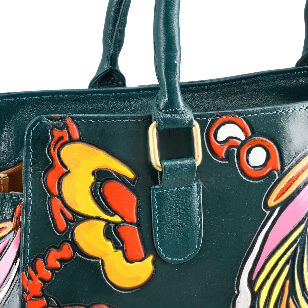 Sukriti Green Genuine Leather Hand Painted Tooled Satchel Bag  image number 9